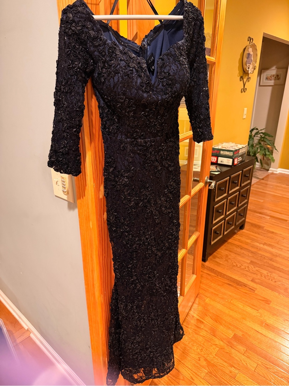 Xscape Black Long-Sleeve Beaded Floral Gown